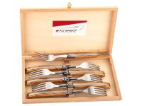 AU SABOT Gabel Satz, 6 Gabeln, Olivenholzgriffschalen,, mattierte Edelstahl