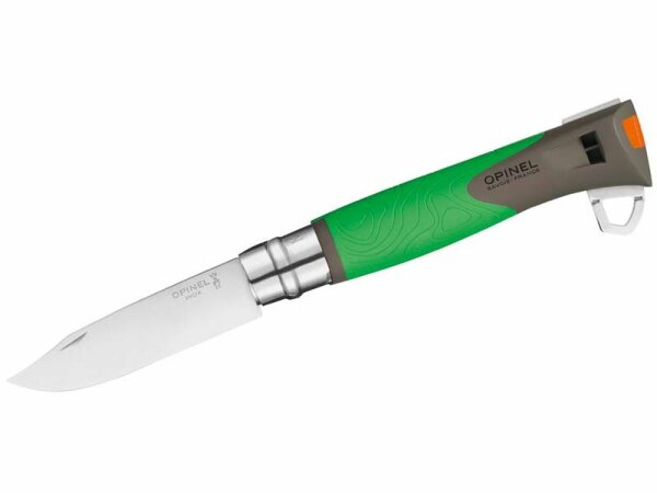 Opinel No. 12 Explore green, Sandvik-Stahl 12C27, rostfrei,, grün-grauer Soft Grip, Virobloc, Signalpfeife, Feuerstarter