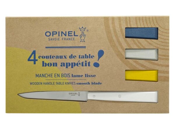 Opinel Bon Appetit Celeste Tafelmesser, rostfrei, 4-tlg,, Stahl 12C27, Buchenholzgriffe in weiß, blau, gelb, grau