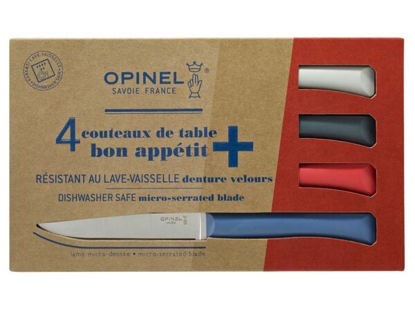 Opinel Tafelmesser Bon Appetit+, 4-tlg., Sandvik-Stahl 12C27, Mikrozahnung, Polymergriff in hellgrau, blau, rot, anthrazit