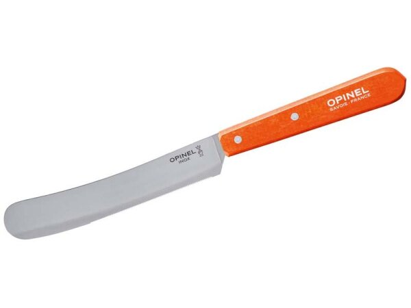Opinel Frühstücksmesser, Sandvik Stahl 12C27, rostfrei,, Mikrozahnung, orangefarbener Buchenholzgriff