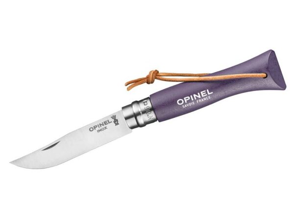 Opinel Taschenmesser Serie 06 COLORAMA ART DECO, Stahl 12C27, rostfrei, flieder Buchenholzgriff, Virobloc, Lederkordel