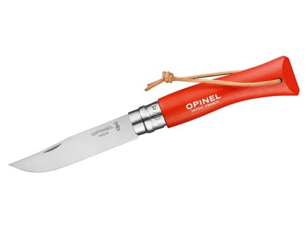 Opinel Taschenmesser Serie 07 COLORAMA SPORT, Stahl 12C27, orangefarbener Buchenholzgriff, Virobloc, Lederkordel