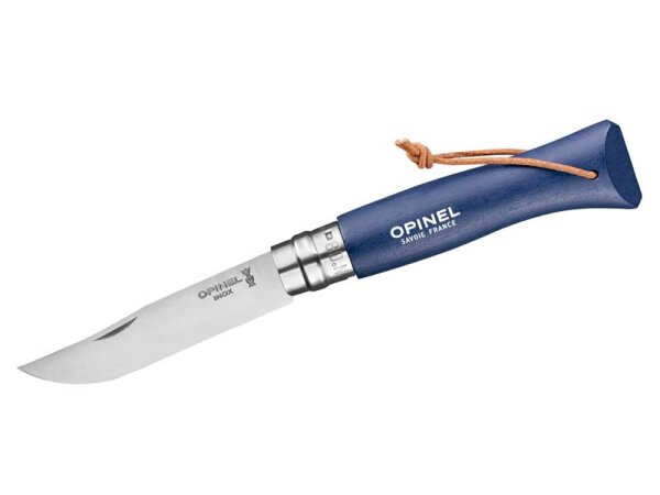 Opinel Taschenmesser Serie 08 COLORAMA EARTH, Stahl 12C27, dunkelblauer Buchenholzgriff, Virobloc, Lederkordel