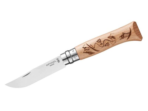 Opinel Taschenmesser No. 8, Stahl Sandvik 12C27, rostfrei,, GRAVURE SKI, Buchenholzgriff, Virobloc