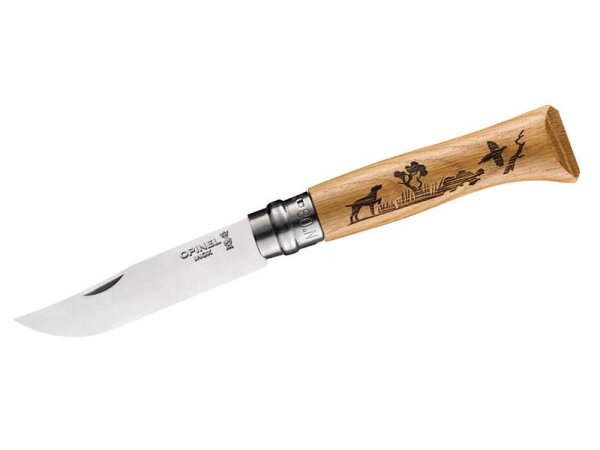 Opinel-Messer, No. 8, Animalia, Motiv Jagdhund,, Sandvik-Stahl 12C27M, rostfrei, Eichenholz-Griff