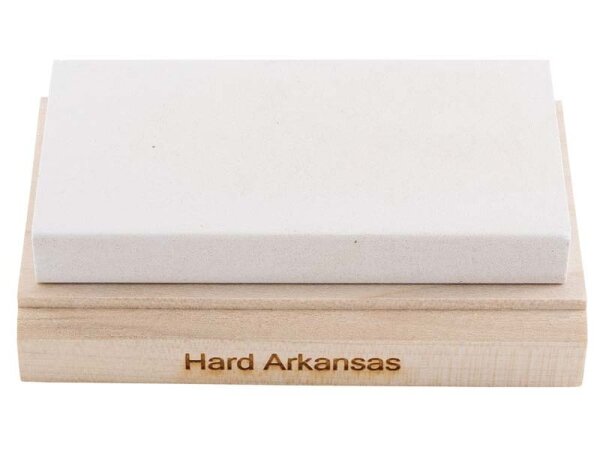 RH PREYDA Hard Arkansas Schleifstein, Körnung 800-1000,, Stein 100x50x12 mm, Holzplattform