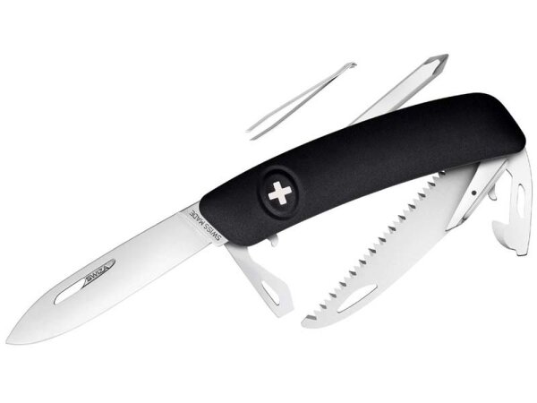 SWIZA Taschenmesser D06, Stahl 440, Sicherheitsarretierung,, schwarze Anti-Rutsch-Griffschalen, Säge, und 10 Funktionen