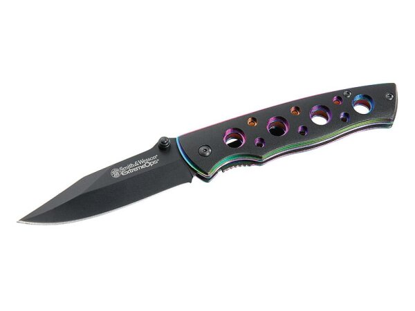 Smith and Wesson Einhandmesser, Stahl 7CR17, rostfrei,, Aluminium-Schalen, Rainbow-Design Platinen, Liner Lock, Clip