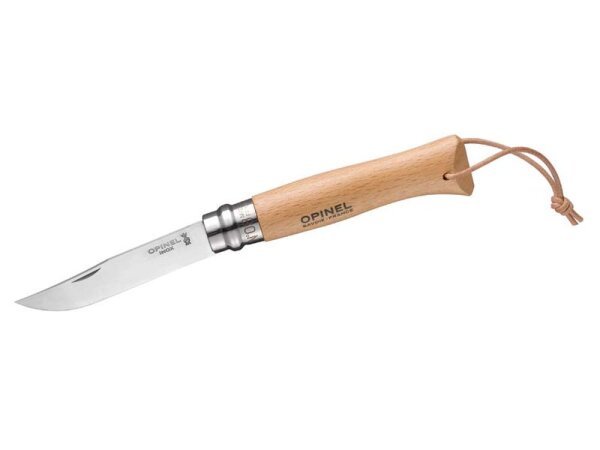 Opinel Taschenmesser No 08, Buche, natur, rostfrei, Lederkordel