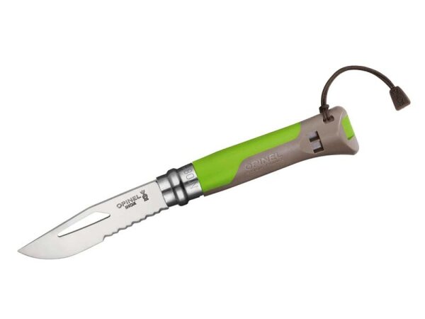 Opinel-Messer Nr. 8 Outdoor, Stahl Sandvik 12C27, rostfrei,, Teilsägezahnung, Griff braun/grün, Signalpfeife,Schäkellöser