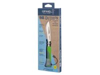 Opinel-Messer Nr. 8 Outdoor, Stahl Sandvik 12C27, rostfrei,, Teilsägezahnung, Griff braun/grün, Signalpfeife,Schäkellöser