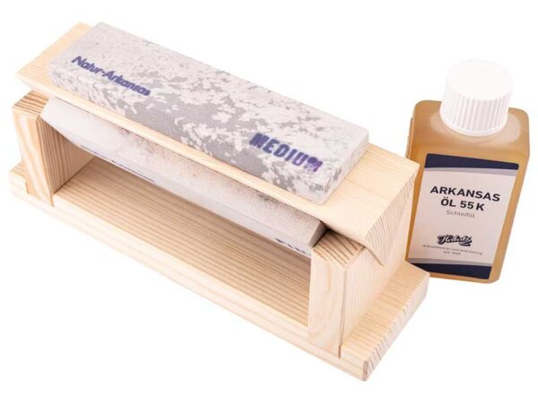 Holzblock mit 3 Abziehsteinen, 150x45x15 mm, Schärföl,
