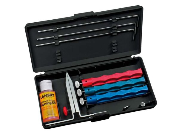Lansky Schärfset, mit 3 Abziehsteinen, grob, mittel, fein, inkl. Klammer, Führungsstäbe, Schleiföl, Transportbox