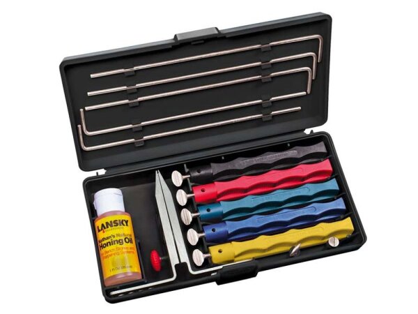 Lansky Schärfset, m. 5 Abziehsteinen, sehr grob b. sehr fein, mit Klammer, Führungsstäbe, Schleiföl, Transportbox