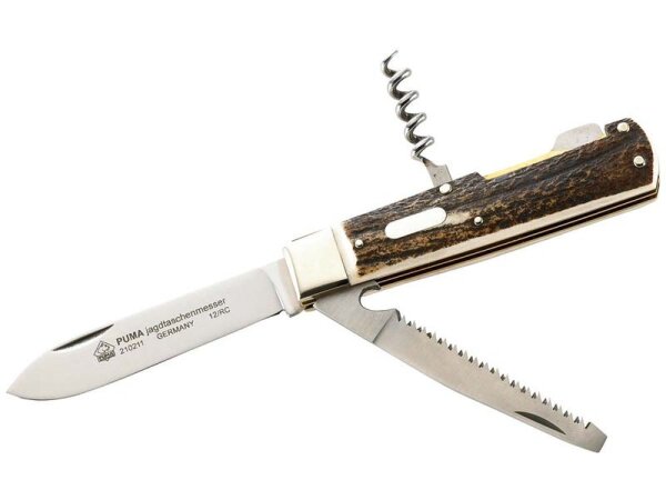 Puma Jagd-Taschenmesser, 3 Klingen, Stahl 1.4110,, Hirschhorn, Neusilberbacken
