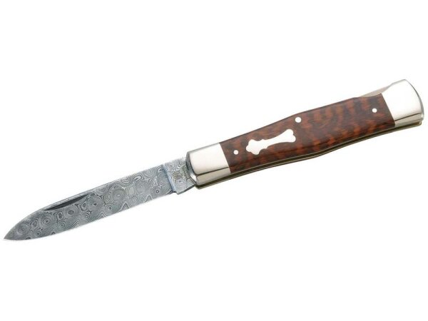 Hartkopf-Taschenmesser, 300 Lagen Rosendamast von Balbach,, Klinge feststellbar, Schlangenholz, Neusilberbacken