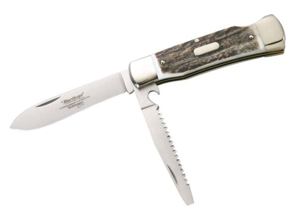Hartkopf-Jagdtaschenmesser, Hirschhorn, Klinge 1.4110 Stahl,, Säge 1.4034 Stahl, feststellbare Klinge, Neusilberbacken