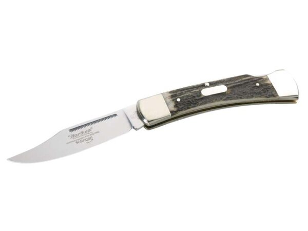 Hartkopf-Taschenmesser, Stahl 1.4110, Hirschhorn-Schalen,, Neusilberbacken