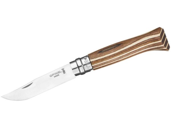 Opinel Messer No 08, Stahl Sandvik 12C27, rostfrei,, laminierter Birkenholzgriff, Virobloc