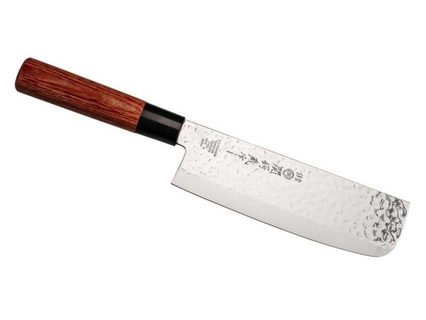 Tsubazo Japanisches Kochmesser Nakiri, Stahl Daido1K6,, Hammerschlagoptik, Kunststoffzwinge, Pakkaholzgriff