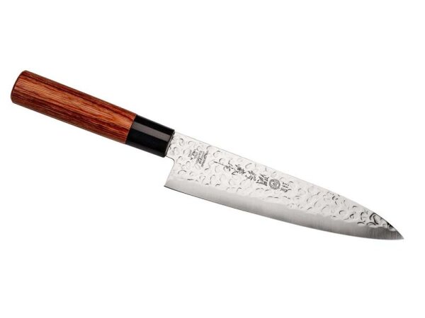 Tsubazo Japanisches Kochmesser Gyutou, Stahl Daido1K6,, Hammerschlagoptik, Kunststoffzwinge, Pakkaholzgriff