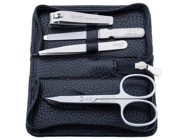 Alpen Maniküre-Set, 4-tlg, rostfrei, Haut-und Nagelschere,, Pinzette, Nagelfeile, Nagelknipser, schwarzes Etui