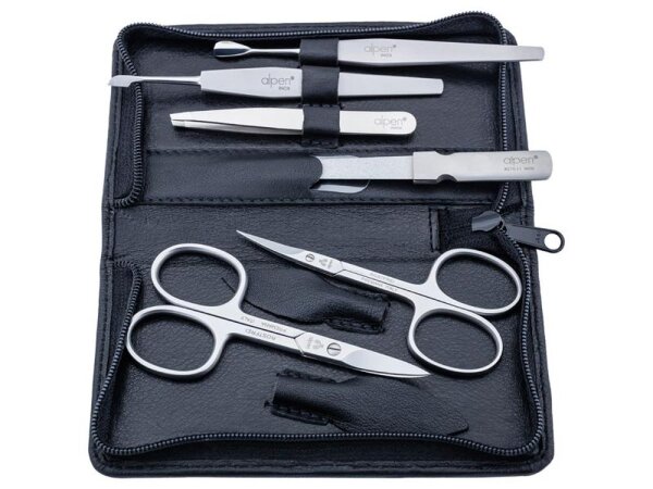 Alpen Maniküre-Set 6-tlg, rostfrei, Hautschere, Nagelschere,, Pinzette, Feile, Nagelschieber, Nagelmesser, Lederetui