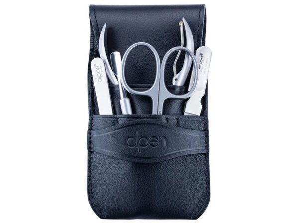 Alpen Maniküre-Set, 5-tlg, rostfrei, Hautschere, Nagelzange,, Pinzette, Nagelschieber, Nagelfeile, schwarzes Etui