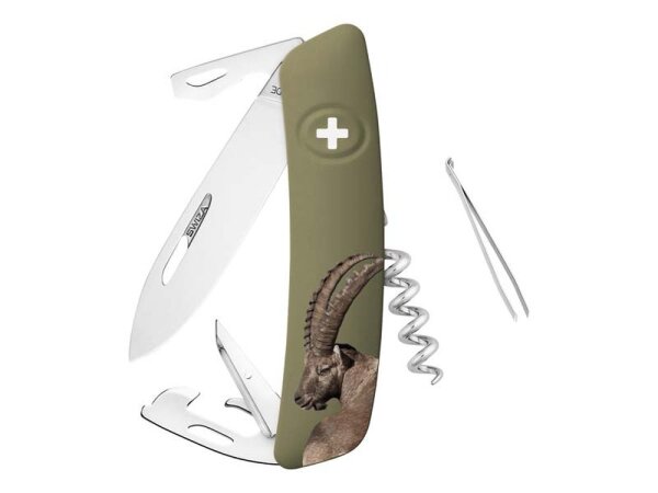 SWIZA Schweizer Messer, Stahl 440, Sicherheitsarretierung,, 12 Funktionen, olivfarbene Anti-Rutsch-Schalen, Steinbock