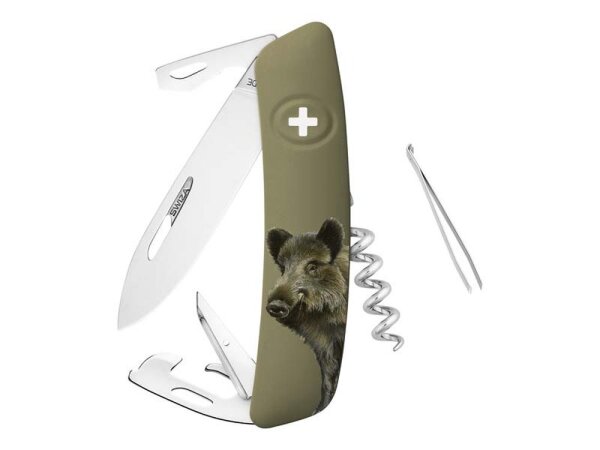 SWIZA Taschenmesser D05, Stahl 440, Sicherheitsarretierung,, 12 Funktionen, olivfarbene Anti-Rutsch-Schalen, Wildschwein