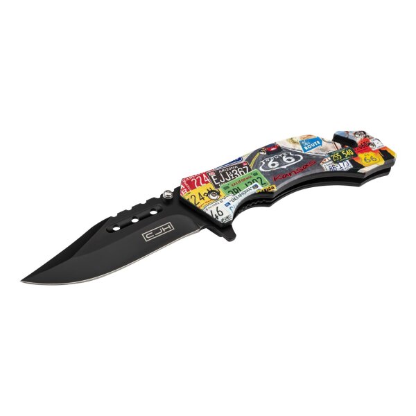 CJH Rettungsmesser AISI 420 Stahl rostfrei Liner Lock Kunststoff Heftschalen Gurtschneider Glasbrecher Clip