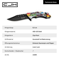 CJH Rettungsmesser AISI 420 Stahl rostfrei Liner Lock Kunststoff Heftschalen Gurtschneider Glasbrecher Clip