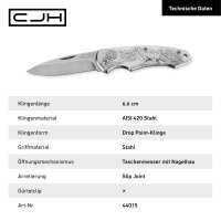 CJH Taschenmesser, AISI 420 Stahl, rostfrei, Stahlgriff silber, Fangriemenöse