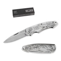 CJH Taschenmesser, AISI 420 Stahl, rostfrei, Stahlgriff silber, Fangriemenöse