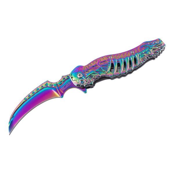 CJH Einhandmesser, AISI 420 Stahl, rostfrei, Liner Lock, Edelstahlgriff, regenbogenfarbig, Taschenclip