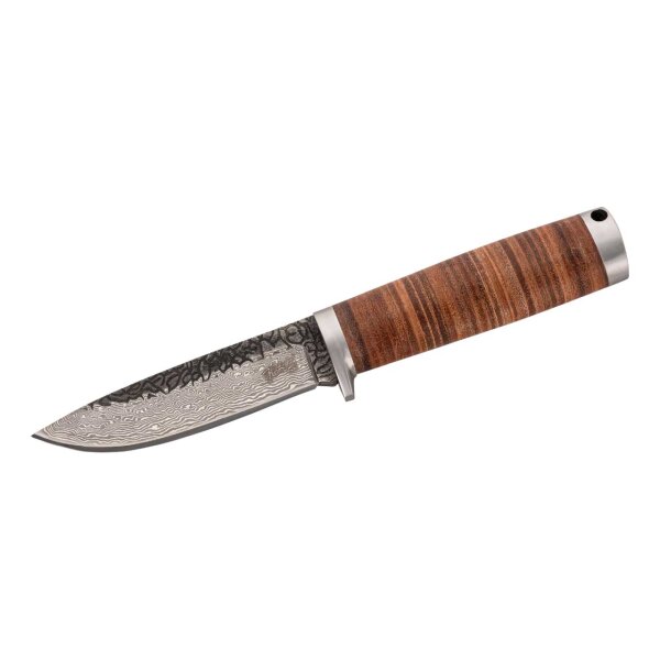 Herbertz Gürtelmesser, Damast, AISI 420 Stahl, rostfrei, Griff mit Lederscheiben, Fangriemenöse, braune Lederscheide