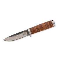 Herbertz Gürtelmesser, Damast, AISI 420 Stahl, rostfrei, Griff mit Lederscheiben, Fangriemenöse, braune Lederscheide
