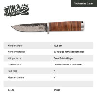 Herbertz Gürtelmesser, Damast, AISI 420 Stahl, rostfrei, Griff mit Lederscheiben, Fangriemenöse, braune Lederscheide