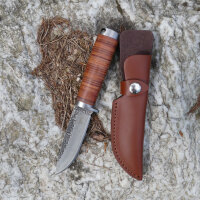 Herbertz Gürtelmesser, Damast, AISI 420 Stahl, rostfrei, Griff mit Lederscheiben, Fangriemenöse, braune Lederscheide
