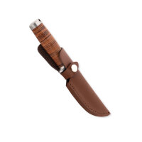 Herbertz Gürtelmesser, Damast, AISI 420 Stahl, rostfrei, Griff mit Lederscheiben, Fangriemenöse, braune Lederscheide