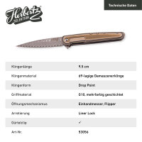 Herbertz Einhandmesser, 69-lagiger Damast, AISI 440 Stahl, rostfrei, Liner Lock, G10 Griff, 2-farbig
