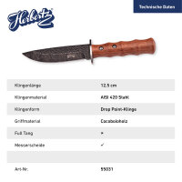 Herbertz Gürtelmesser,AISI 420 Stahl, rostfrei, Cocobolo Holz Griff, brauner Lederscheide mit Gürtelschlaufe