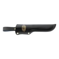 Marttiini Jagdmesser, rostfreie Klinge, Klingenbeschichtung, Gummi-Griff, Fingerschutz, Lederscheide mit Gürtelschlaufe