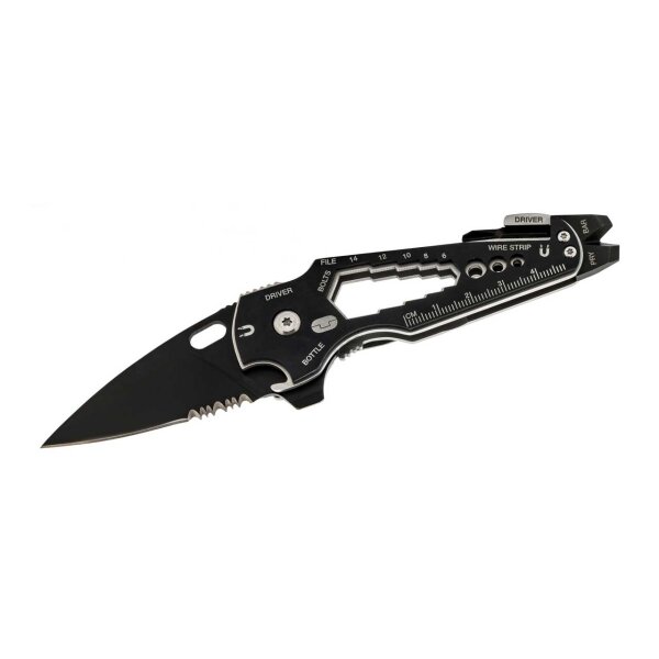 TRUE SMARTKNIFE+, Einhandmesser, 420 Stahl, rostfrei, Teilsägezahnung, Liner Lock, 15 Funktionen, Taschenclip