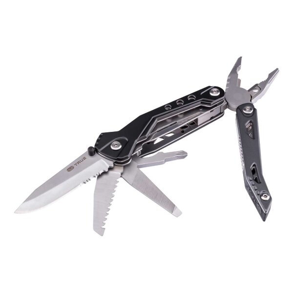 TRUE HANDYONE, Multitool, rostfrei, 18 Funktionen, Aluminium Griffschalen, 9 Bits mit Adapter, Nylonetui