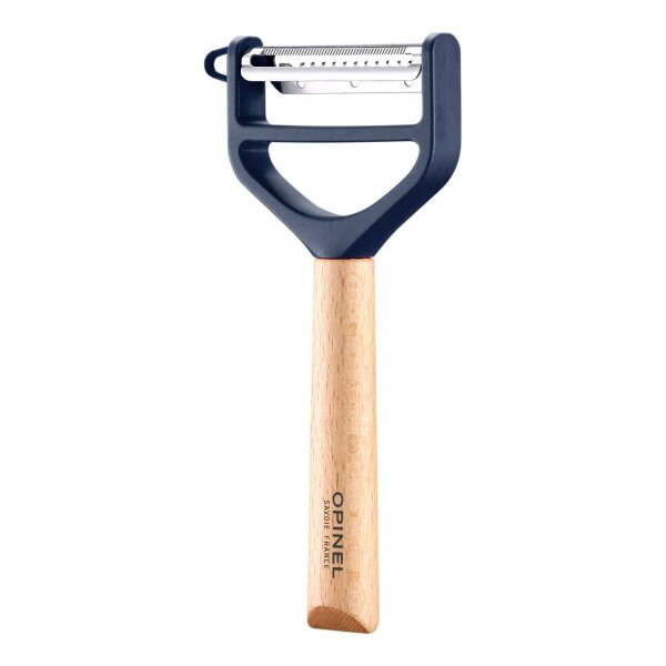 Opinel Schäler T-DUO WOOD blau, rostfreier Edelstahl, Schälkopf aus blauem Polymer-Kunststoff,Griff aus Buchenholz