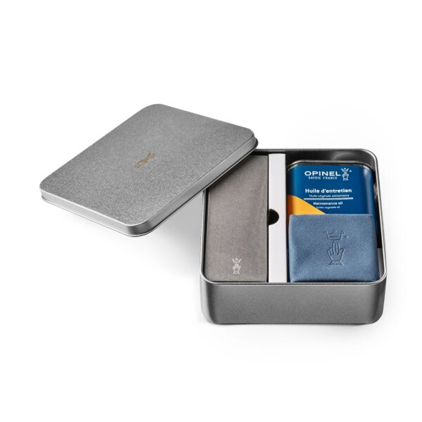 Opinel Pflegeset, 3-teilig, Schleifstein, Körnung 1000, pflanzliches Pflegeöl 150 ml, Microfaser-Tuch, Blechdose
