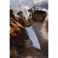 Helle NORD, Gürtelmesser, Sandvik 14C28N Stahl, rostfrei, Full Tang, Maserbirke Griffschalen, Lederscheide