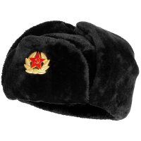 MFH Russ. Fellmütze, mit Abzeichen, schwarz